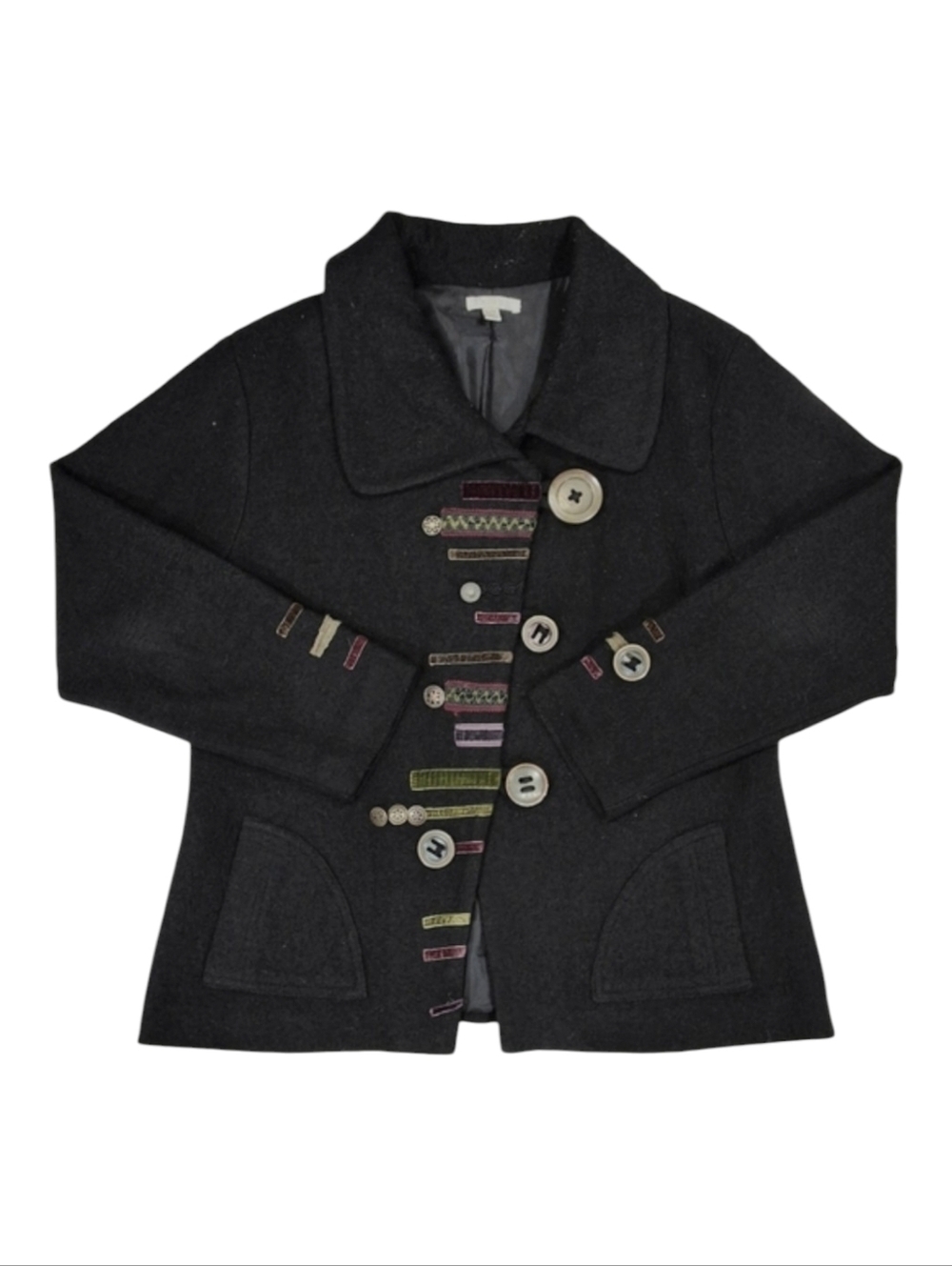 Carson~Women Wool Applique Button Jacket~Lagenlook~Black Artsy Whimsical~XL